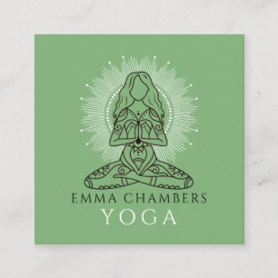 Cartão De Visita Quadrado Yoga Instrutor Lotus Pose White Mandala Green