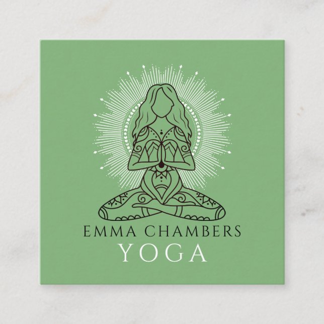 Cartão De Visita Quadrado Yoga Instrutor Lotus Pose White Mandala Green (Frente)