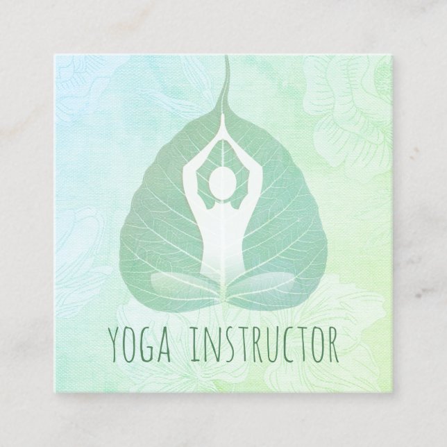 Cartão De Visita Quadrado Yoga Instrutor Studio Meditação Pose Bodhi Leaf (Frente)