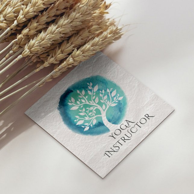 Cartão De Visita Quadrado Yoga Meditation Instrutor Elegante White Teal Tree (Criador carregado)