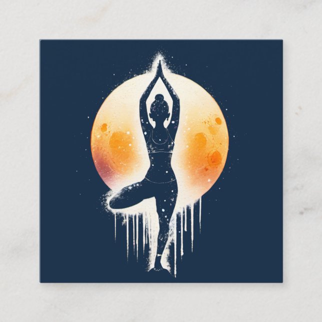 Cartão De Visita Quadrado Yoga Meditation Instrutor Tree Pose Full Moon (Frente)