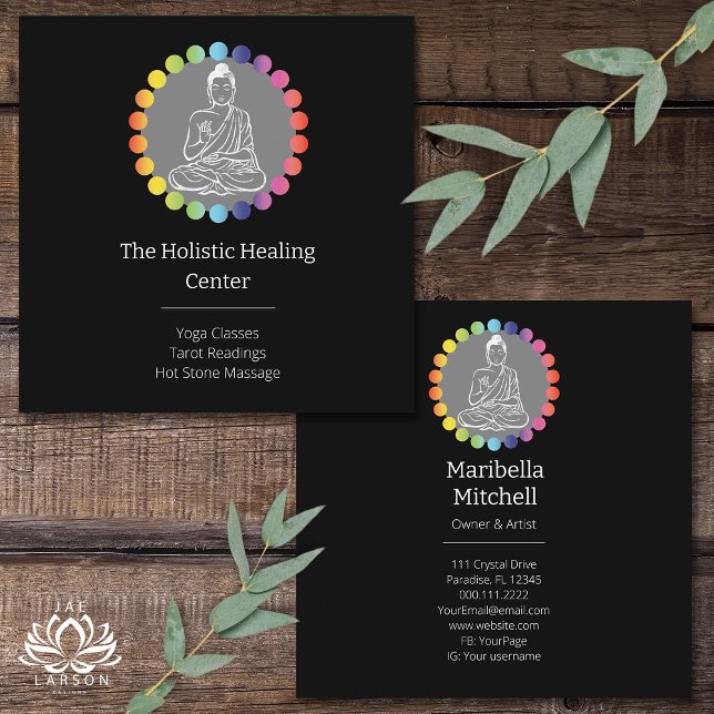 Cartão De Visita Quadrado Yoga Metafísica Espiritual do Arco-Íris Buda Chakr (Criador carregado)
