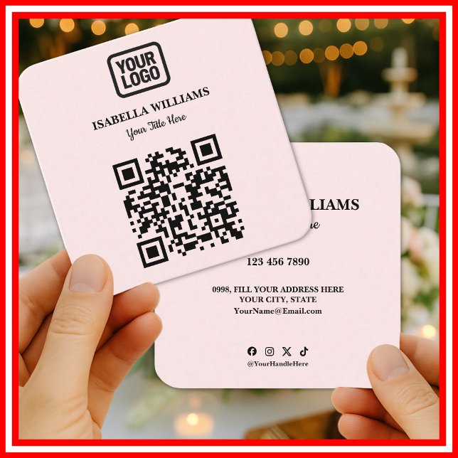 Cartão De Visita Quadrado Your Logo Here Simple Modern Pink Website QR Code (Criador carregado)