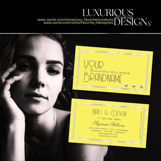 Cartão De Visita Quadro Amarelo e Prateado com Na moda de Diamantes (Criador carregado)