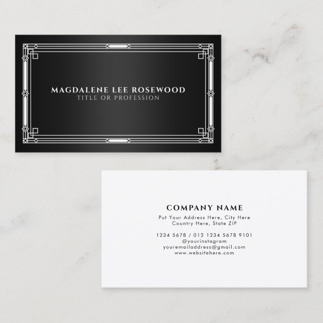 Cartão De Visita Quadro Branco Deco de Arte Elegante em Preto (Frente/Verso)