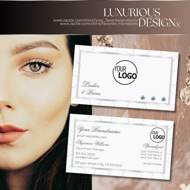 Cartão De Visita Quadro branco e prateado moderno com ouros e logot (Criador carregado)