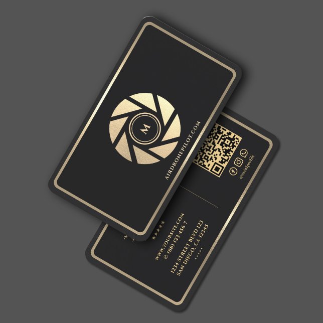 Cartão De Visita Quadro de Lente Dourada Elegante Piloto de Drone (Drone Pilot Elegant Black Gold Lens Frame Business Card
)