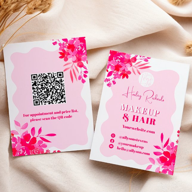 Cartão De Visita Quadro de onda rosa quente maquiagem floral rosa v (Hot pink wavy frame red pink floral makeup business card)