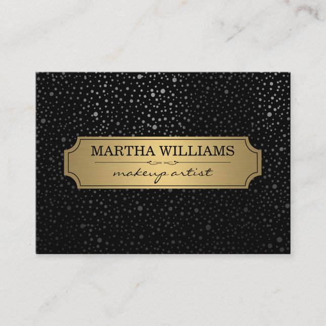 Cartão De Visita Quadro Dourado com padrão de pontos metálicos pret (Frente)