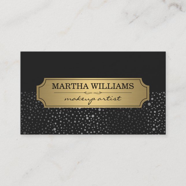 Cartão De Visita Quadro Dourado com padrão de pontos metálicos pret (Frente)