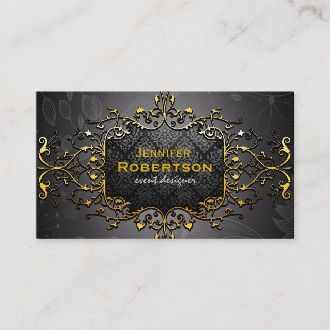 Cartão De Visita Quadro Dourado de rendas flóricas preto e vírgula (Frente)