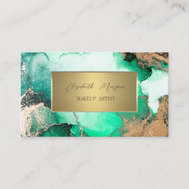 Cartão De Visita Quadro Dourado Simples Elegante,Marble Verde (Frente)
