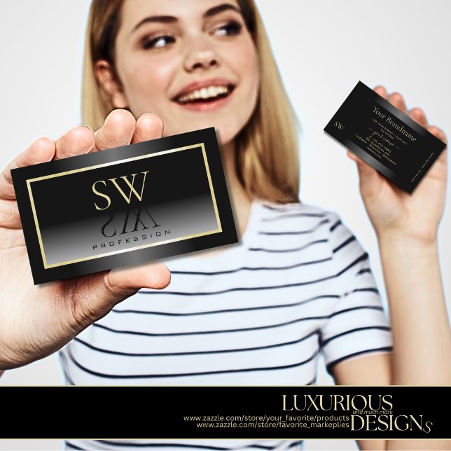 Cartão De Visita Quadro e Monograma de Champanhe Gradiente Branco P (Criador carregado)