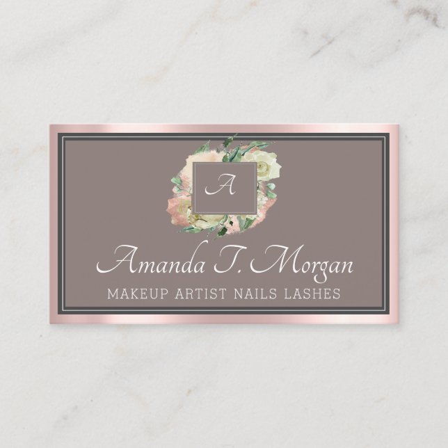 Cartão De Visita Quadro Floral Rosa de Compromisso Elegante Monogra (Frente)