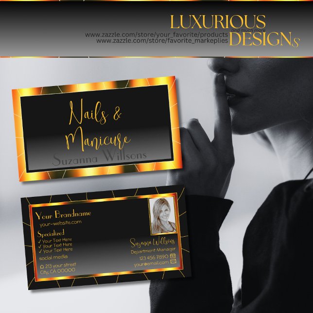 Cartão De Visita Quadro Laranja Casual e Gradiente Preto com Foto (Criador carregado)