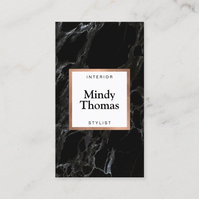 Cartão De Visita Quadro Rosa Dourado Moderno do Mármore Negro Faux (Frente)