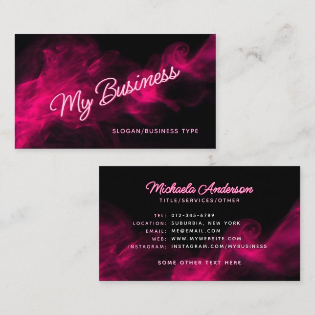 Cartão De Visita *QUALQUER TEXTO* Moderno Rosa Neon & Fumaça (Frente/Verso)