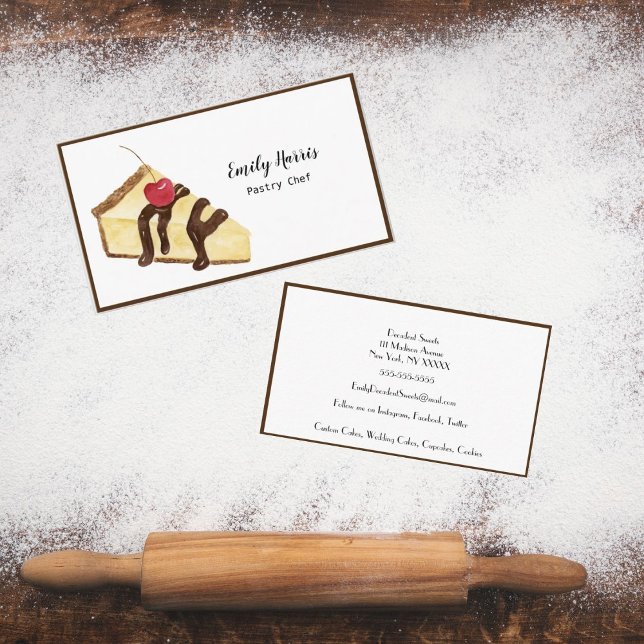Cartão De Visita Queijo de pastelaria de aquarela (Elevate your Pastry Creations with Exquisite Watercolor Cheesecakes Business Card.)