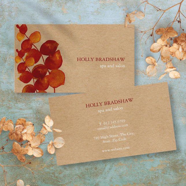 Cartão De Visita Queimada Siena Eucalyptus deixa Kraft Russo (Burnt Sienna Eucalyptus Leaves Rustic Kraft Business Card)