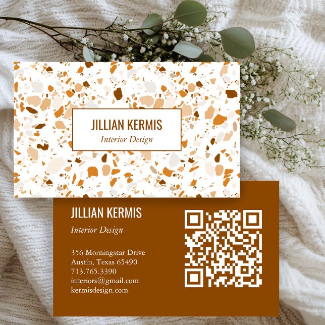 Cartão De Visita Quic terrazzo elegante Brown Terracotta CUSTOM QR (Chic terrazzo elegant Brown Terracotta CUSTOM QR Business Card
)