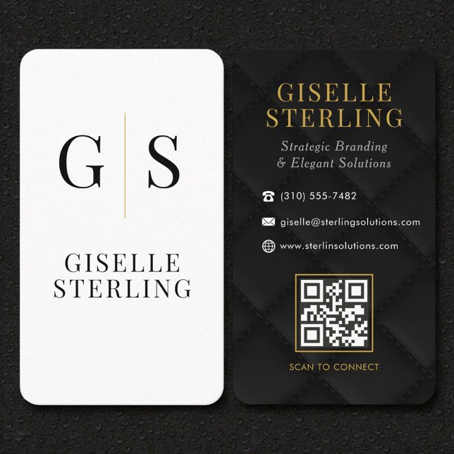 Cartão De Visita Quilted Luxury Black White Gold Monogram QR Code (Criador carregado)