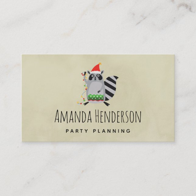Cartão De Visita Raccoon Em Santa Hat Entrou Em Luzes De Férias (Frente)