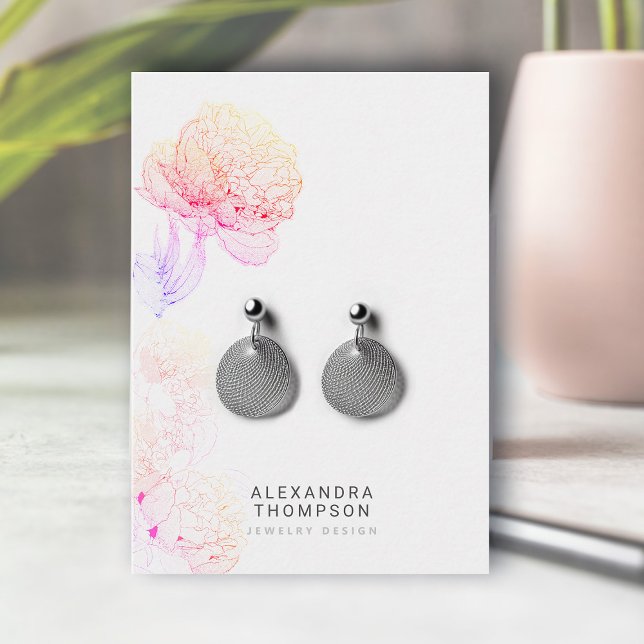 Cartão De Visita Rainbow Bold Peonies Apresentação Foral (floral earrings jewelry display card rainbow peonies art sketch modern minimalist elegant template)