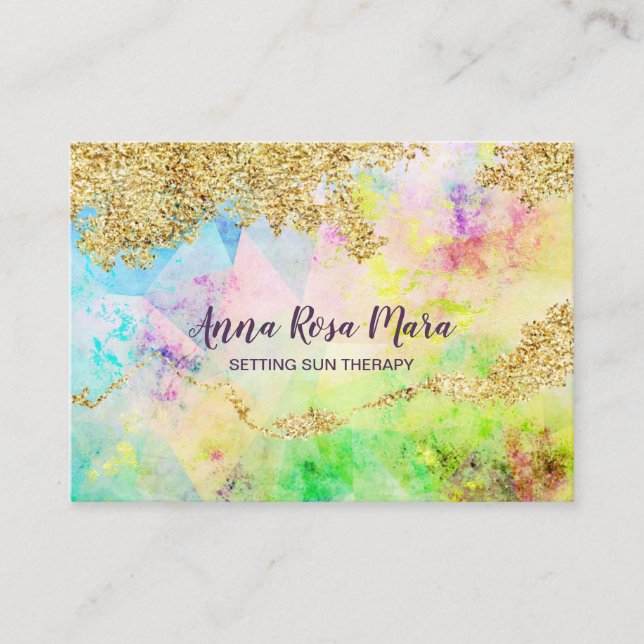 Cartão De Visita *~* Rainbow Pastel Watercolor + Glitter Dourado QR (Frente)
