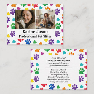 Cartão De Visita Rainbow Paw Prints Hearts Customizable Pet Sitter
