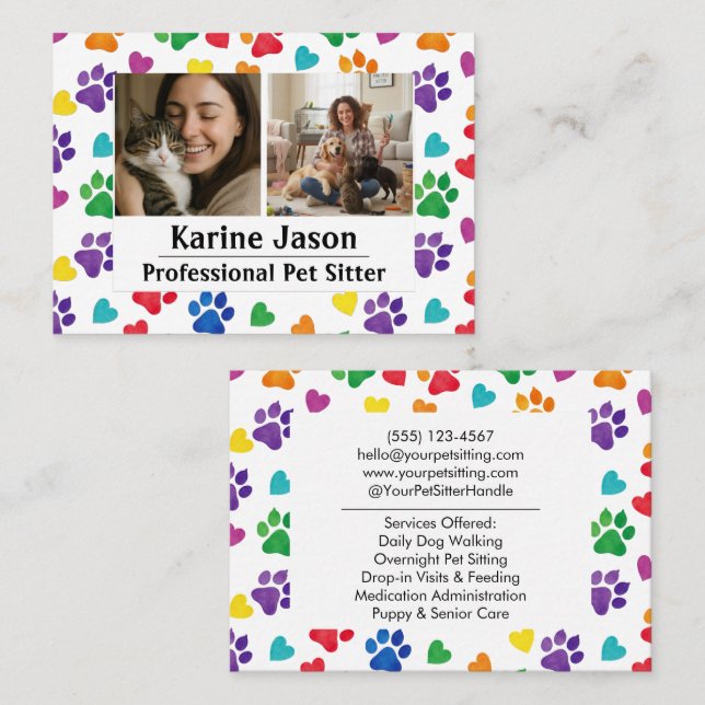 Cartão De Visita Rainbow Paw Prints  Hearts Customizable Pet Sitter (Frente/Verso)