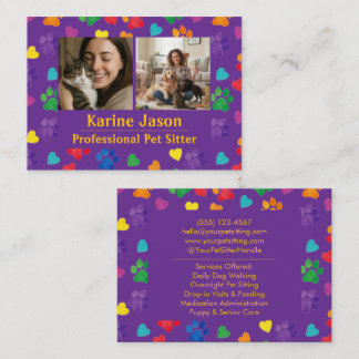 Cartão De Visita Rainbow Paw Prints Hearts Customizable Pet Sitter