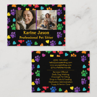 Cartão De Visita Rainbow Paw Prints Hearts Customizable Pet Sitter