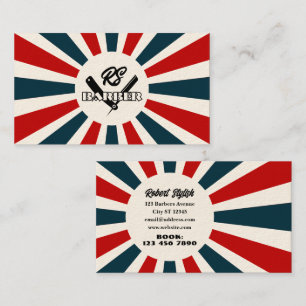 Cartão De Visita Raios de Sol de Barber azuis e vermelhos com logot