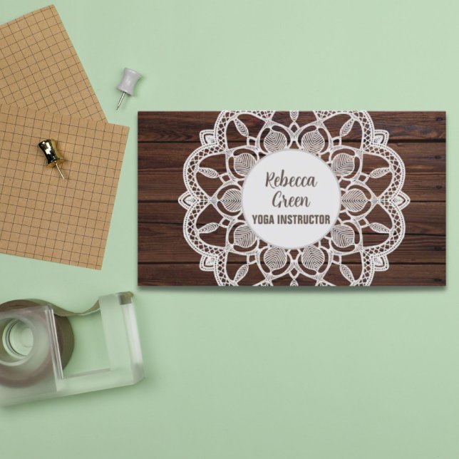 Cartão De Visita Rapariga Moderna Rustic Woodgrain Yoga Mandala (Modern Girly Rustic Woodgrain Yoga Mandala Business Card)