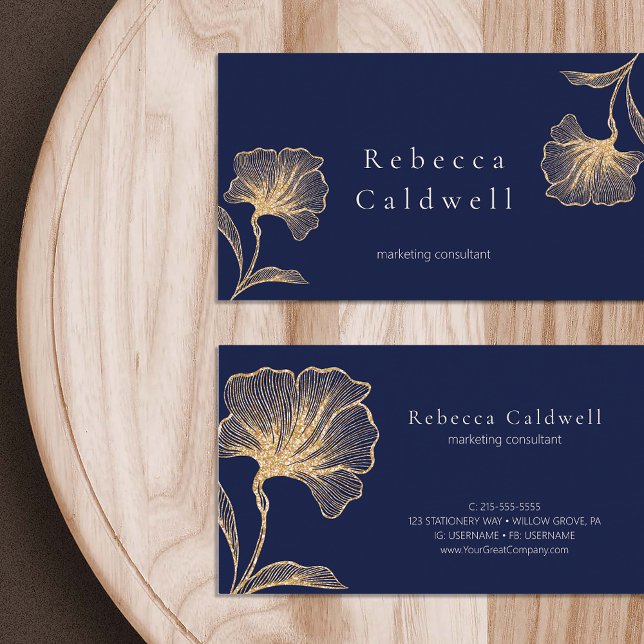 Cartão De Visita Real Azul Dourado Feminina Floral (Royal Blue Gold Floral Feminine Business Card)