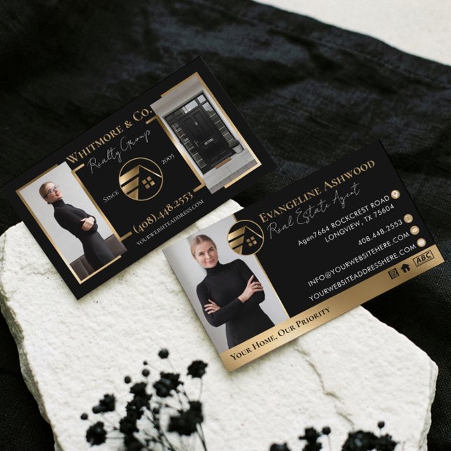 Cartão De Visita Real Estate Agent Broker Luxury Black Gold Photo (Real Estate Agent Broker Luxury Black Gold Photo Business Card)