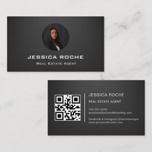 Cartão De Visita Real Estate Agent Modern Black Realtor Foto QR