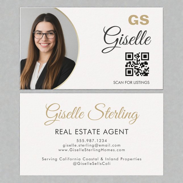 Cartão De Visita Real Estate Agent Neutral Gold Photo QR Code  (Criador carregado)