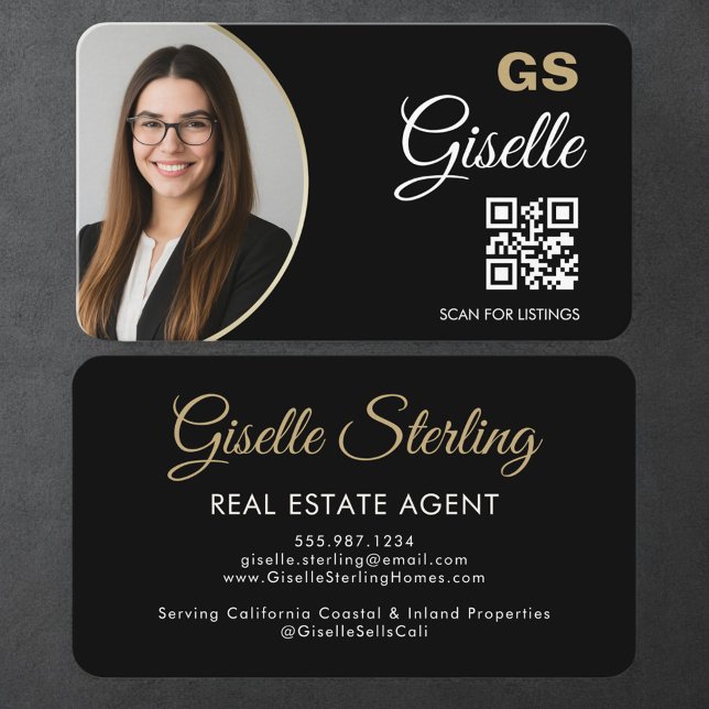 Cartão De Visita Real Estate Agent QR Code Black Gold Photo  (Criador carregado)