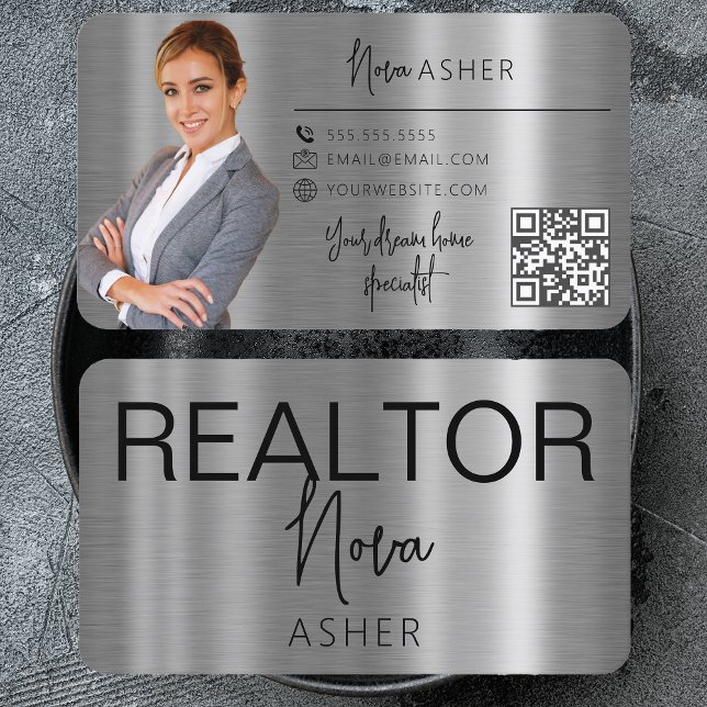 Cartão De Visita Real Estate Agent Realtor Foto QR Code Faux Metal (Criador carregado)