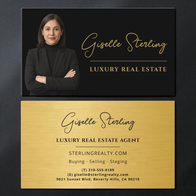 Cartão De Visita Real Estate Black Gold Script Luxury Metallic (Criador carregado)
