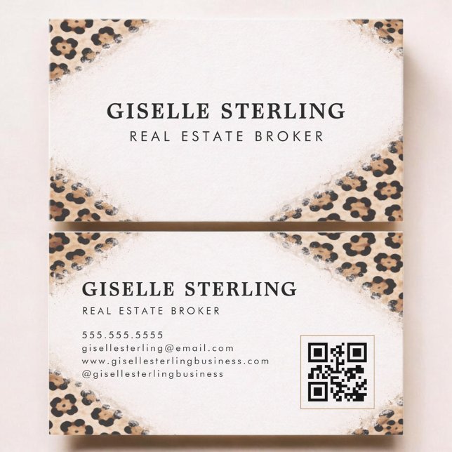 Cartão De Visita Real Estate Broker Cheetah Leopard Print QR Code (Criador carregado)