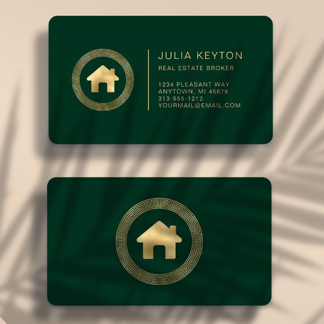 Cartão De Visita Real Estate House Logo Green Gold Rounded (Criador carregado)