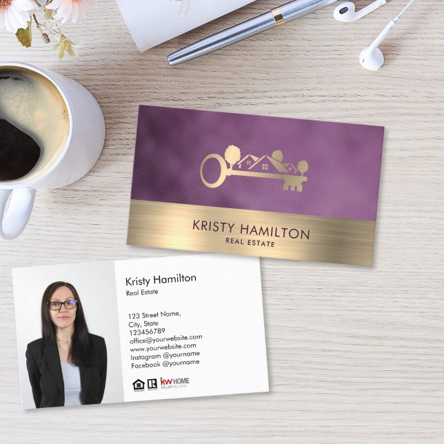 Cartão De Visita real estate professional realtor key add photo bus (gold key and houses logo real estate business card with purple background)