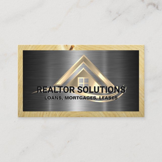 Cartão De Visita Real Estate Solutions Logo | Metallic and Wood (Frente)