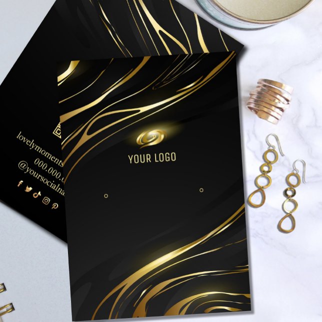 Cartão De Visita Realistic elegant Black Gold Hair Earring Display (Realistic elegant Black Gold Hair Earring Display Business Card #zazzlemade #addlogo #blackgold
)