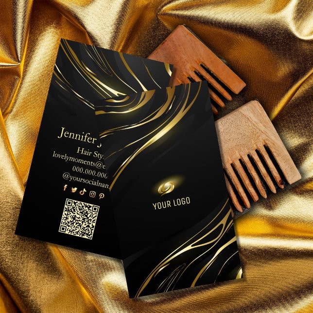 Cartão De Visita Realistic elegant Black Gold Hair Style (Realistic elegant Black Gold Hair Style Business Card #zazzlemade #blackgold #makeupartistbusiness)