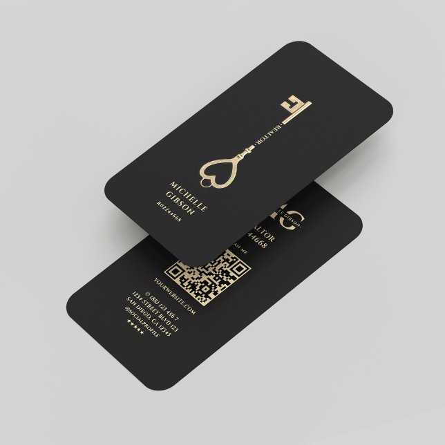 Cartão De Visita Realtor Black Key Monograma Real Estate Moderno (Realtor Black Gold Key Monogram Real Estate Modern Business Card
)