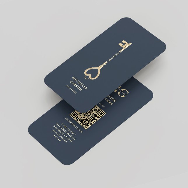 Cartão De Visita Realtor Dark Blue Key Monograma Moderno (Realtor Dark Blue Gold Key Monogram Modern Business Card
)