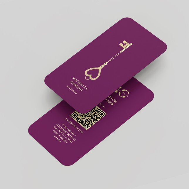 Cartão De Visita Realtor Luxury Monograma de Chave Dourada Roxo Mod (Realtor Luxury Purple Gold Key Monogram Modern Business Card
)